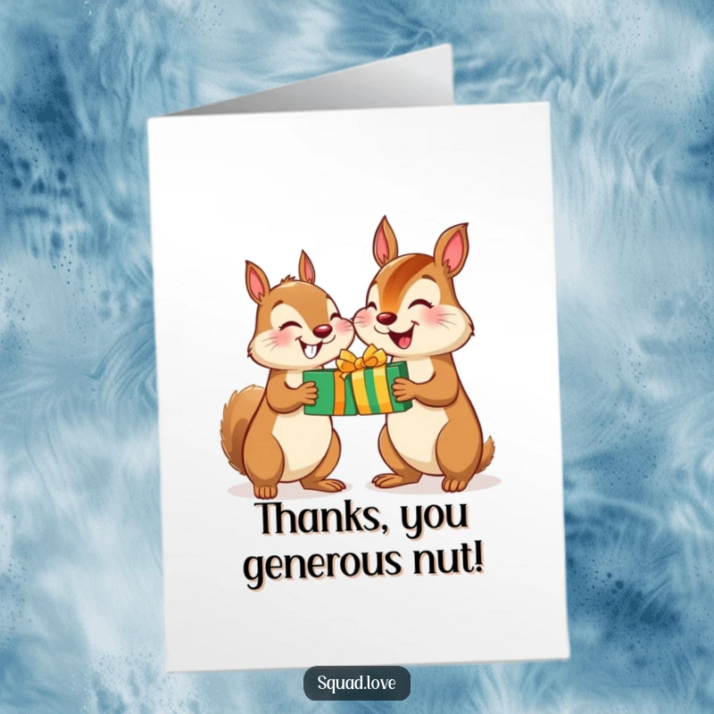 Funny Free Printable Thank You Card: A happy squirrel and chipmunk exchanging gifts, conveying appreciation and gratitude with big smiles.
