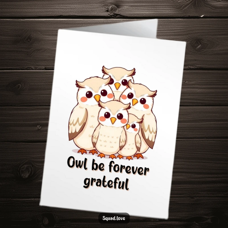 Funny Free Printable Thank You Card featuring a loving owl family huddled together, conveying thanks with happy expressions.