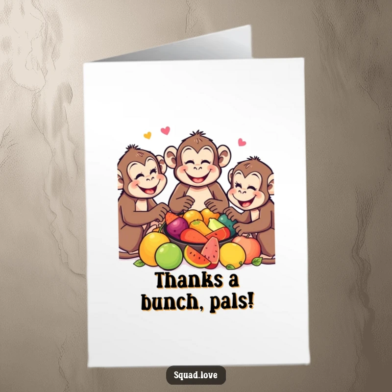 Funny Free Printable Monkey Thank You Card: Smiling monkeys gather for a colorful fruit feast, expressing thanks with primate joy.