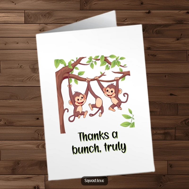 Funny Free Printable Thank You Card: Playful monkeys mid-swing, playfully reaching for each other amidst lush green branches.