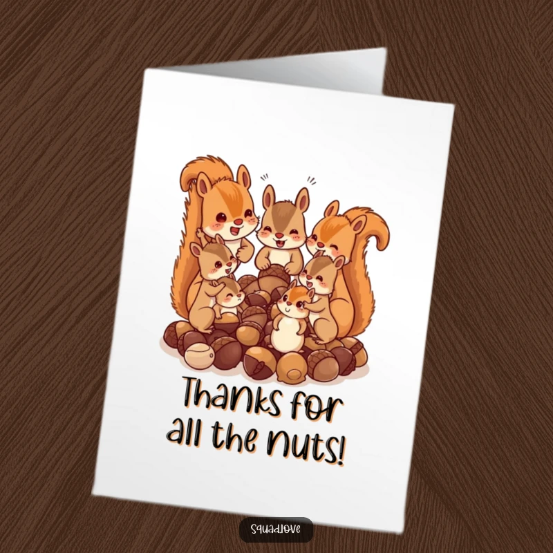 Funny Free Printable Thank You Card: Squirrel family chattering over acorns, cute illustration, perfect for a thankful DIY gift.
