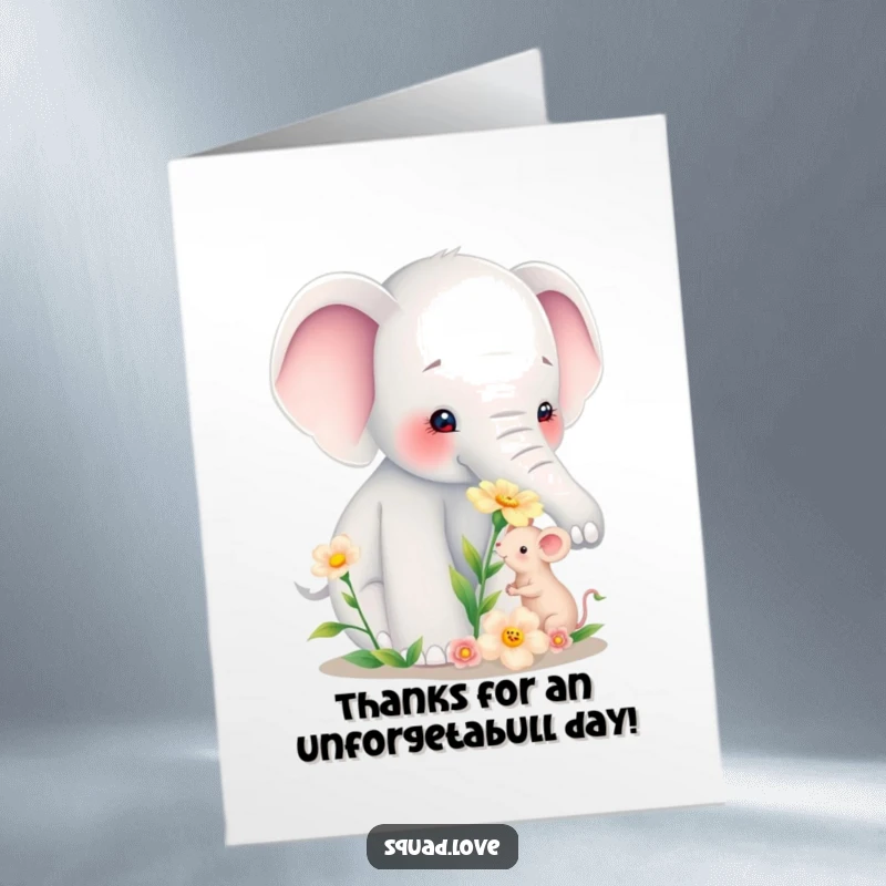 Funny Free Printable Thank You Card: Kind elephant gives a flower to a grateful tiny mouse, showing appreciation.