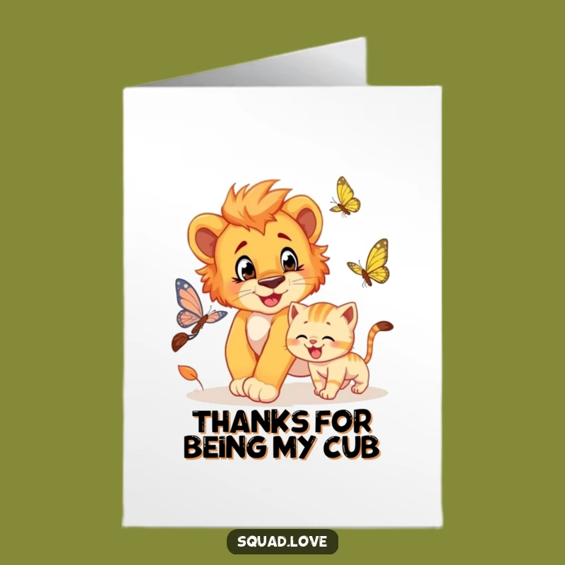 Free Printable Thank You Card: Lion Cub Kitten Butterfly Funny Downloadable Gift