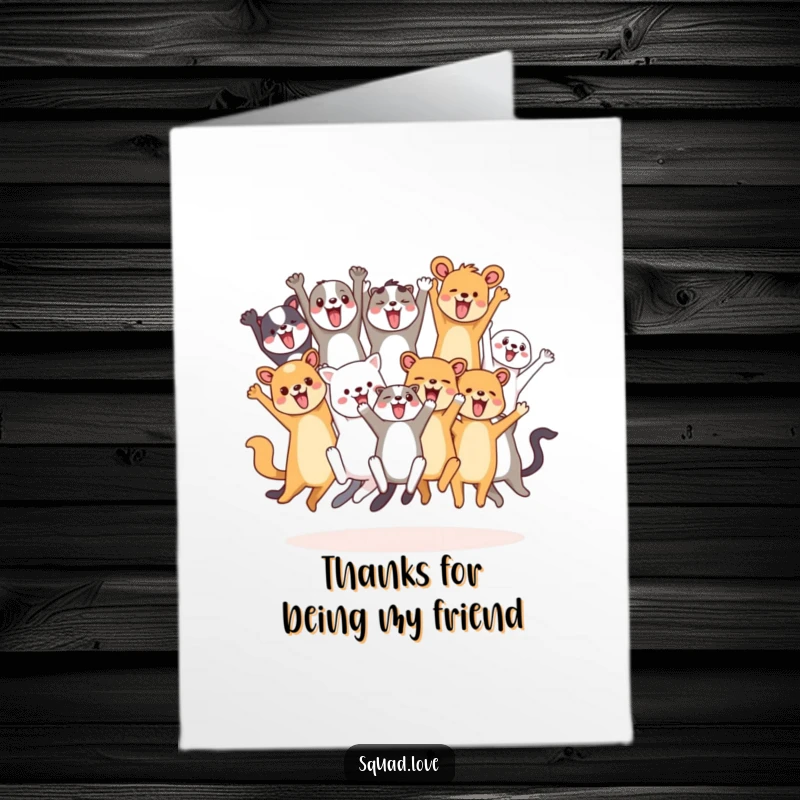 Funny Free Printable Thank You Card: Diverse animal pals leap and cheer enthusiastically, conveying immense gratitude in a fun, energetic way.