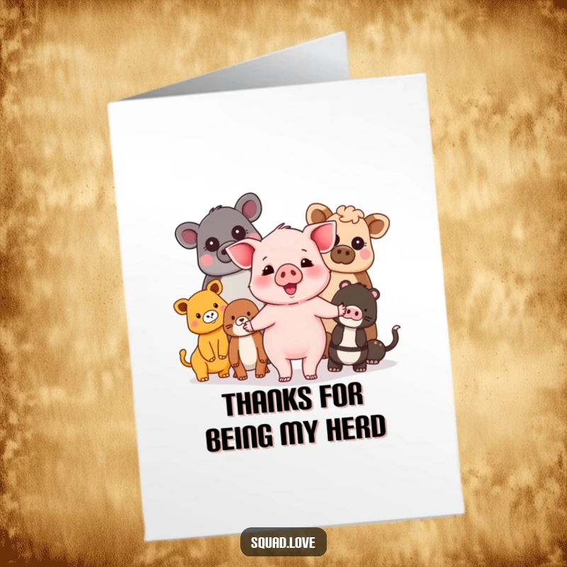 Free Printable Thank You Card: A happy piglet holding hands with a diverse group of friendly animals, conveying heartfelt thanks.