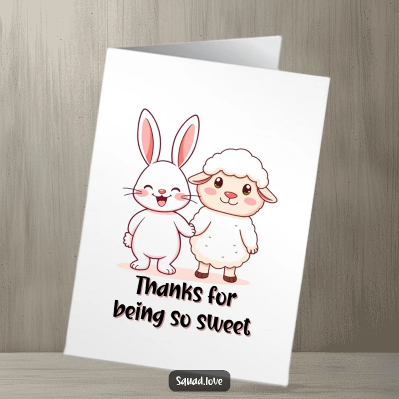 Funny Free Printable Thank You Card: A cheerful rabbit and a fluffy sheep hold hands, symbolizing friendship and heartfelt thanks.