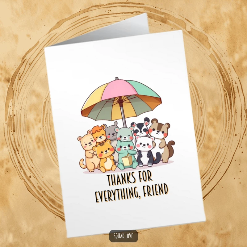 Funny Free Printable Thank You Card: A happy group of animal friends sheltering together under a colorful umbrella, expressing thanks.