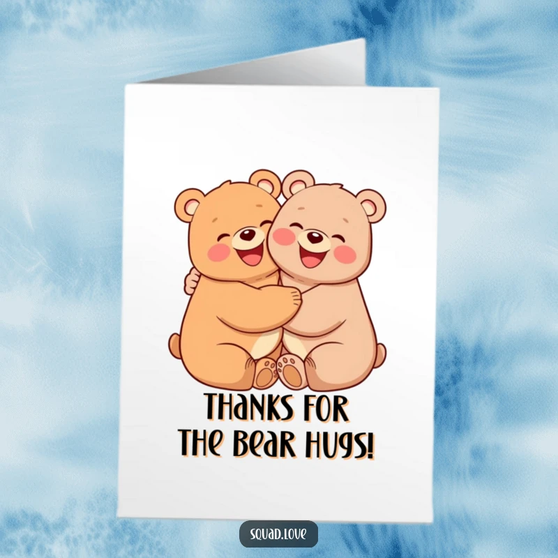 Funny Free Printable Thank You Card: Two happy bears sharing a big, warm hug, conveying gratitude in the most adorable way possible.