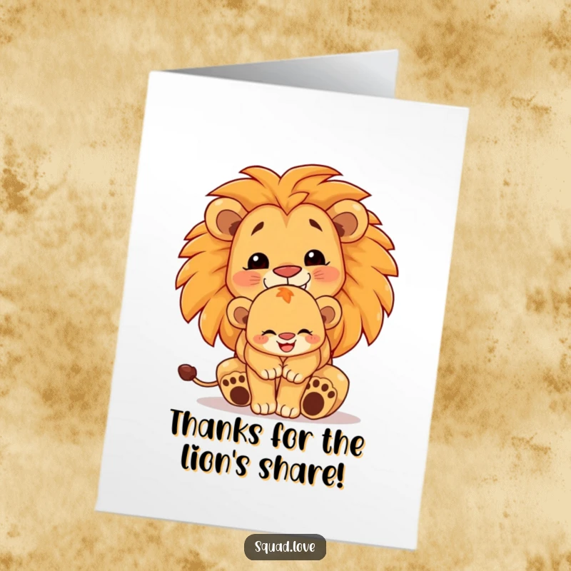Funny Free Printable Thank You Card: A beaming large lion hugs a proud lion cub, expressing deep affection.