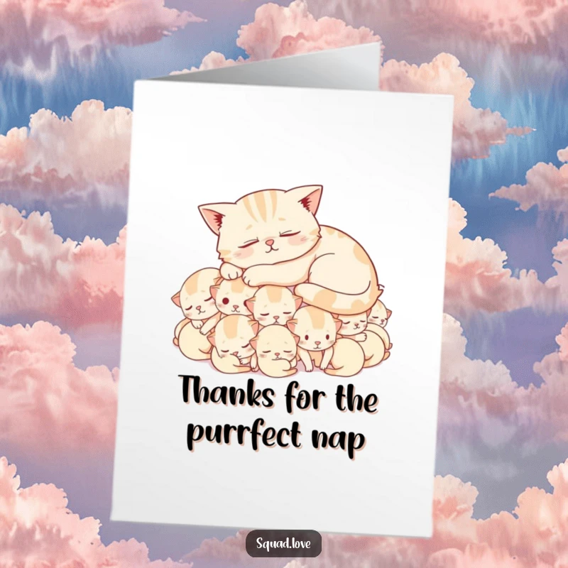 Funny Free Printable Thank You Card: Contented mother cat snoozing soundly on a vibrant pile of adorable, happy kittens.