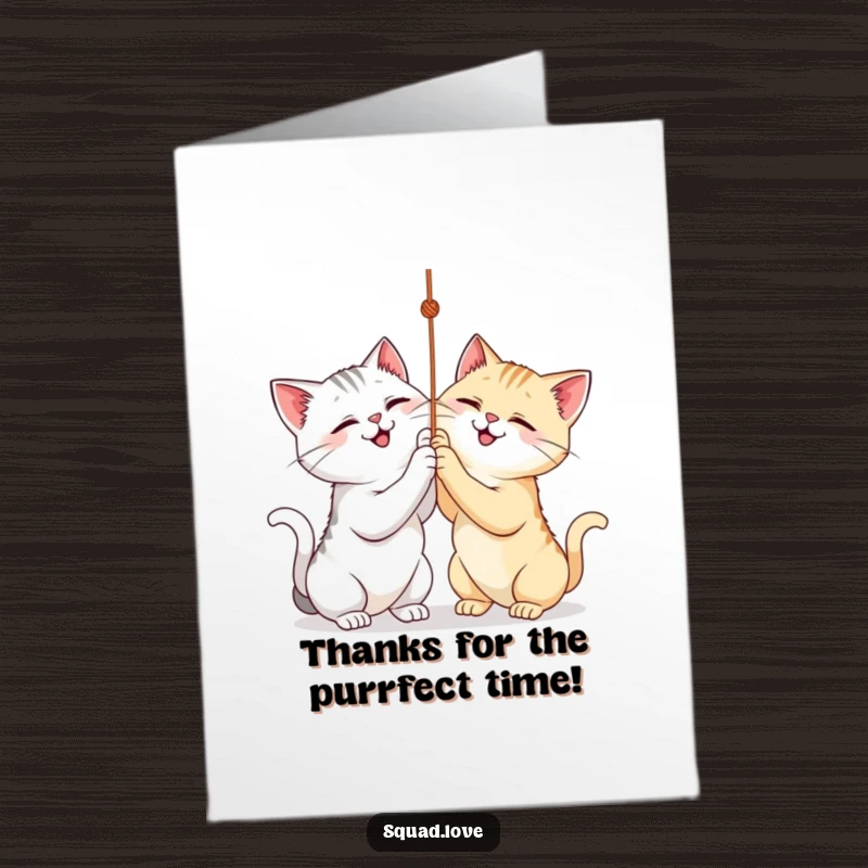 Funny Free Printable Thank You Card with two cats batting at a string, conveying playful thanks and a touch of chaos.