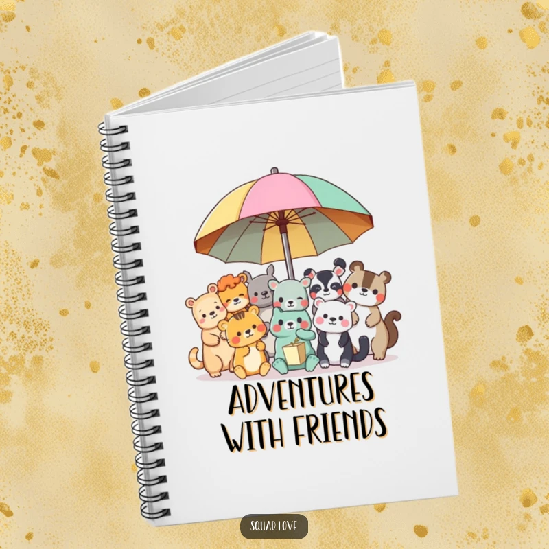 Funny animal friends notebook, with diverse animals sharing a colorful umbrella on the cover, perfect for scribbling notes.