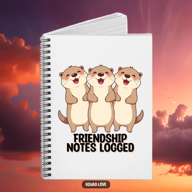 Funny notebook with three happy otters linked arm-in-arm, cheering, inspiring humorous notes and creative brainstorming sessions.