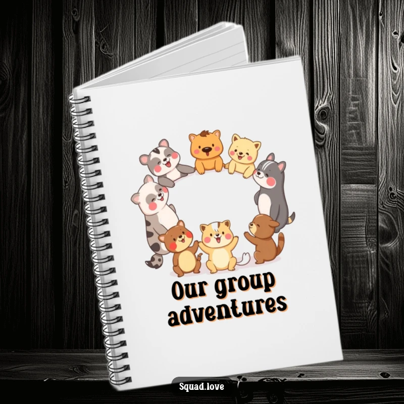 Funny notebook cover with diverse animal friends holding hands in a laughing circle, ideal for journaling and notes.