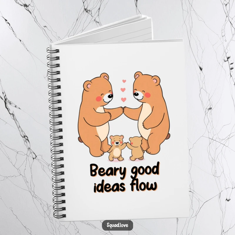 Funny Notebook featuring a happy bear family dancing on the cover, ideal for journaling and capturing sweet thoughts.