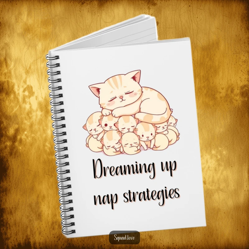 Funny notebook with a peaceful cat napping on a plush pile of joyful, sleeping kittens, perfect for jotting down humorous thoughts.