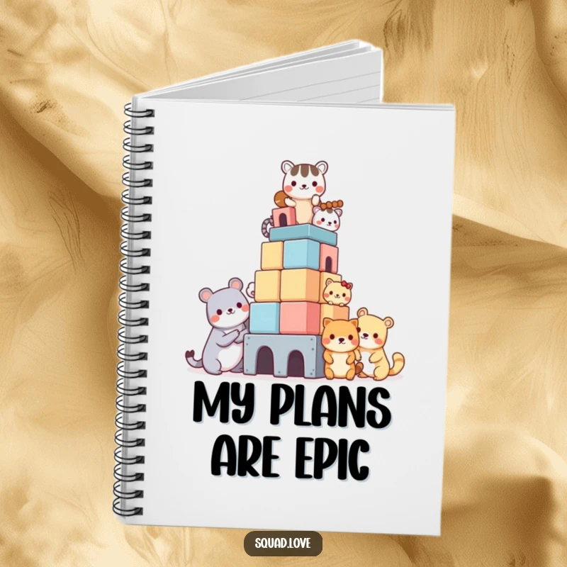 Funny notebook cover illustrating kawaii animals working together to build a spectacular block tower, perfect for capturing thoughts and sketches.