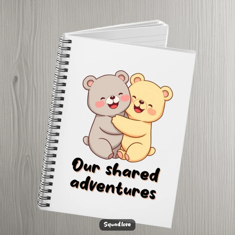 Funny kawaii bears notebook cover, two adorable bears hugging tightly with beaming smiles, ideal for journaling.