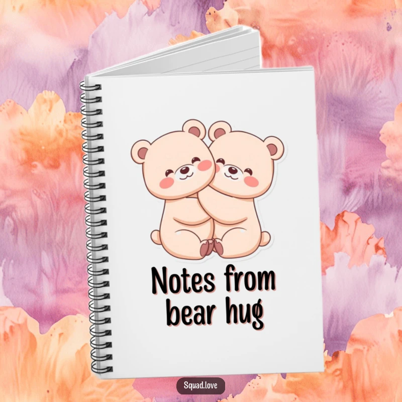 Funny notebook featuring two kawaii bears in a tight, beaming hug, perfect for journaling and creative expression.