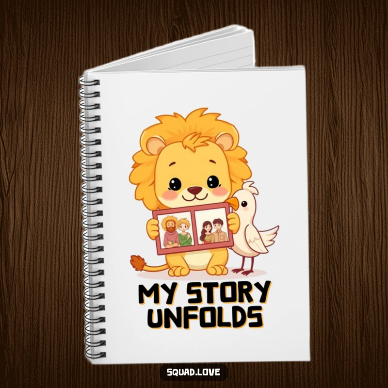 Funny lion family album notebook with a proud lion showing a photo album to a bird on the cover.