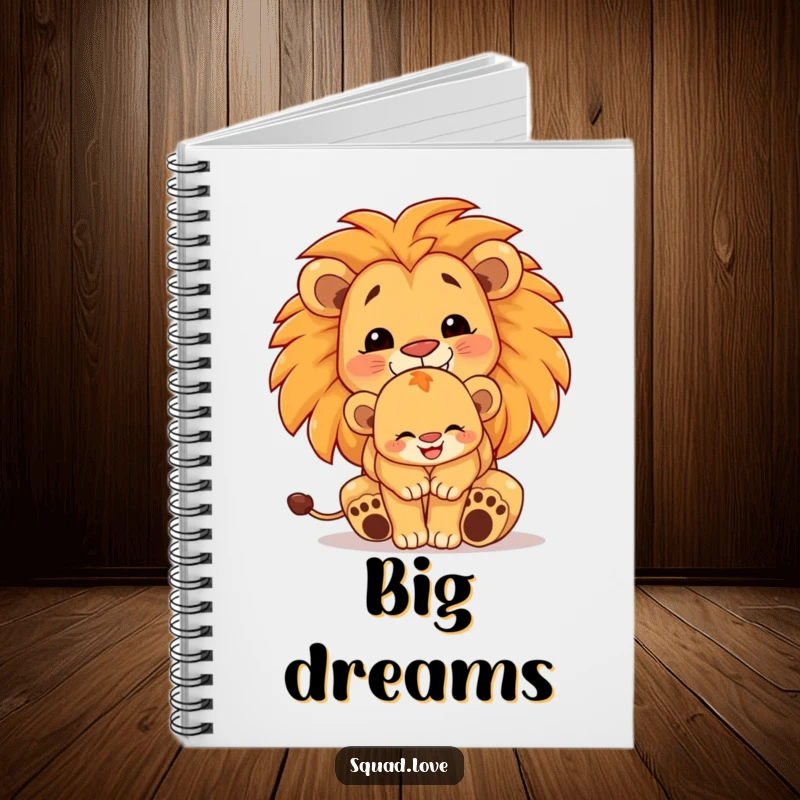 Funny lion family notebook, featuring a proud lion cub hugged by a larger lion, smiling; perfect for journaling family adventures.