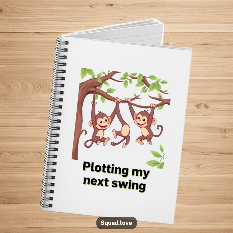 Funny notebook with energetic monkeys swinging on branches, playfully reaching for each other, ideal for jotting down playful ideas.