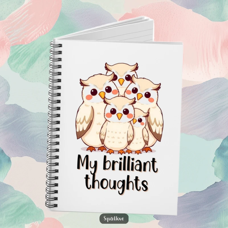 Funny owl family hugging on a notebook cover, beak to beak, with happy smiles, ideal for journaling.