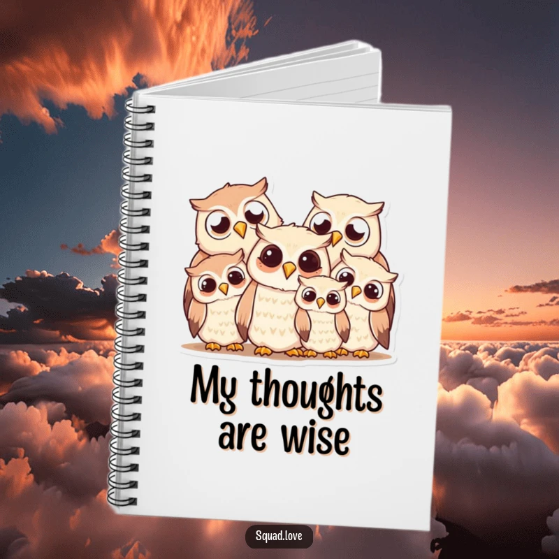Funny owl family notebook, with a smiling huddle of owls on the cover, perfect for jotting down notes with joy.
