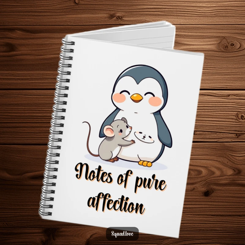 Funny notebook cover with a kawaii penguin offering a comforting hug to a shy mouse, ideal for writing and creative expression.