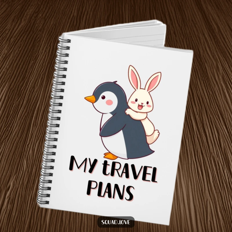 Funny notebook with a penguin giving a happy rabbit a piggyback ride, perfect for jotting down happy thoughts and plans.