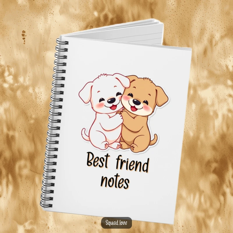 Funny puppy hug notebook with two smiling puppies hugging, paws linked on the cover, ideal for jotting down sweet thoughts.