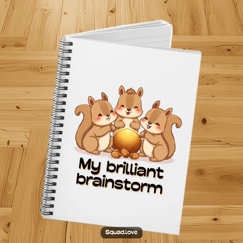 Funny notebook cover featuring happy squirrels sharing nuts, a warm glow between them, for taking notes.