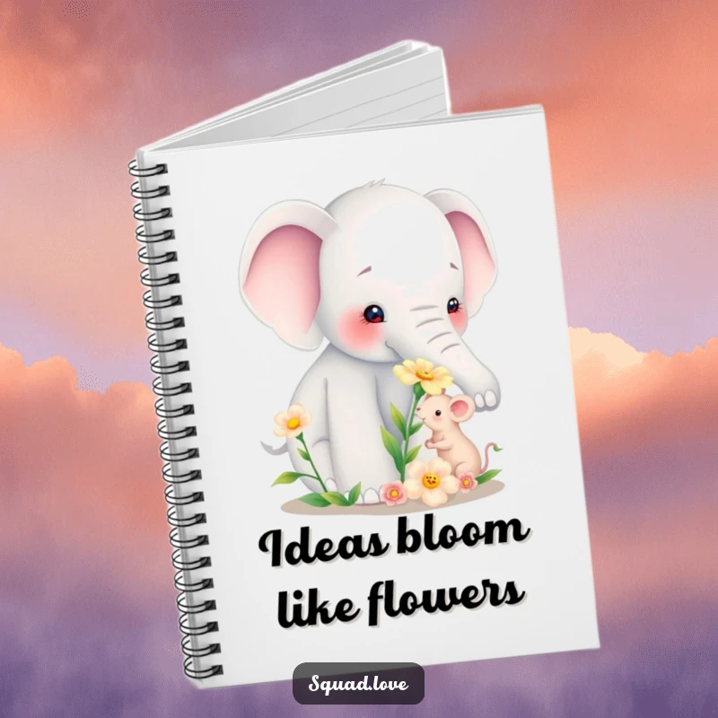 Funny notebook cover showing a kind elephant presenting a flower to a small mouse, perfect for jotting down sweet thoughts.