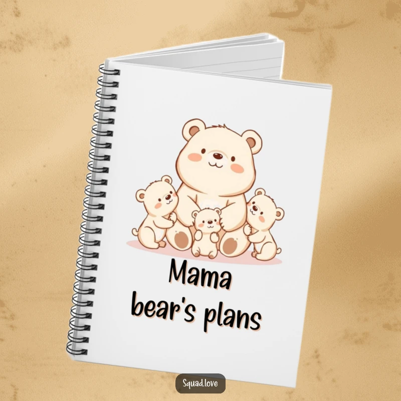A proud kawaii mama bear watching her playful cubs, printed on a notebook for loving thoughts.