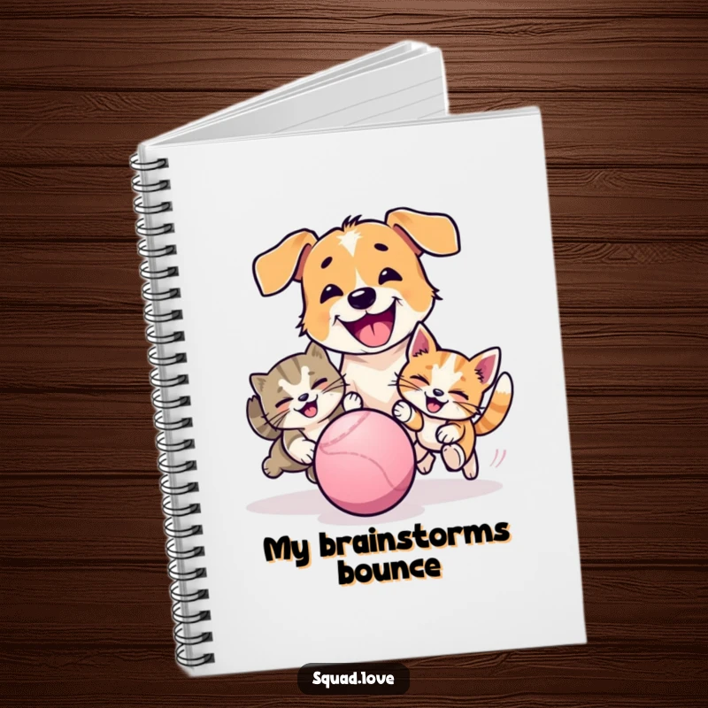 Funny notebook cover with a happy dog and cat playfully chasing a ball, inspiring thoughts of fun and play.