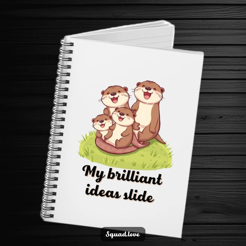 Funny otter family notebook with otters sliding down a grassy hill, a delightful and humorous place for all your notes.