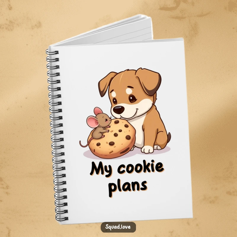 Funny notebook cover with a tiny mouse sharing a giant cookie with a big dog, perfect for writing sweet thoughts.