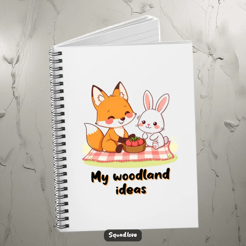 Funny notebook cover with a smiling fox and a friendly rabbit enjoying a picnic, inspiring thoughts of peace and friendship.