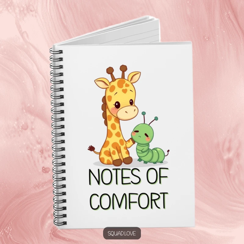 Funny notebook cover showing a tall giraffe gently patting a small, sad caterpillar, perfect for journaling kind thoughts.