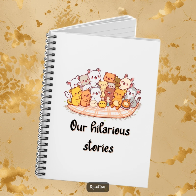 Funny kawaii animals notebook cover, diverse cute animals laughing together on a picnic blanket, ideal for journaling.