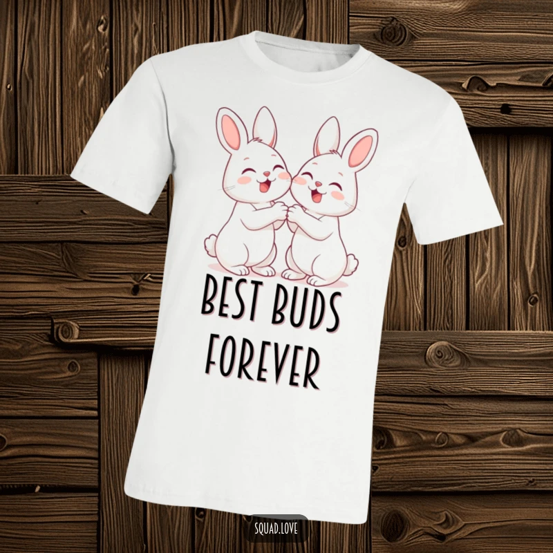Funny t-shirt with two adorable bunnies holding paws and giggling, perfect for expressing friendship and cheerful vibes.