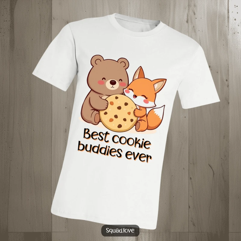 Funny T-Shirt featuring a joyful bear and fox sharing a large cookie, their faces radiating pure happiness.
