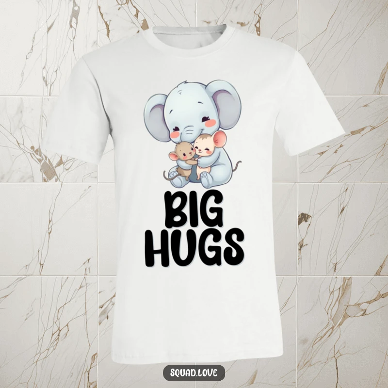 Funny Elephant and Mouse T-Shirt: A large elephant gives a tender hug to a small mouse, symbolizing a strong, loving friendship.
