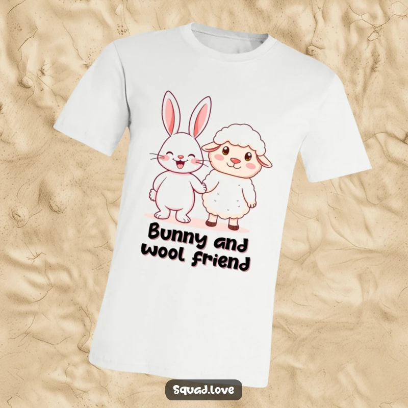 Funny t-shirt with a cheerful rabbit holding hands with a fluffy sheep, representing a sweet and tender friendship.
