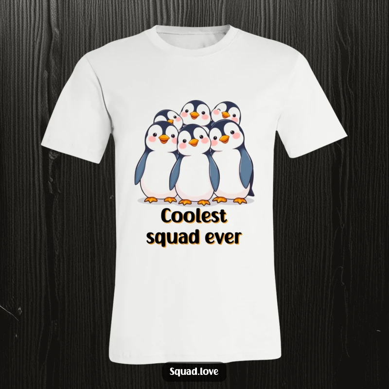 Funny t-shirt depicting a heartwarming scene of smiling penguins joyfully huddling together, symbolizing friendship and happiness.