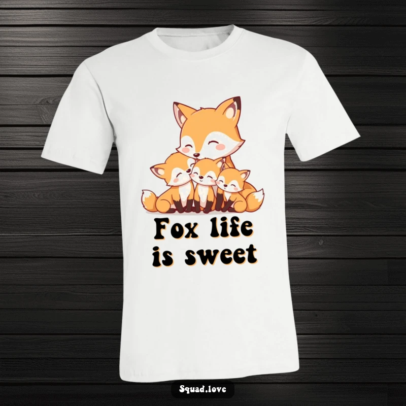 Funny t-shirt showing a mother fox nuzzling her content, smiling kits, capturing a tender family moment.