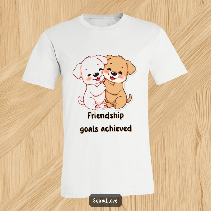 Funny puppy hug t-shirt featuring two smiling puppies hugging tightly, their paws connected in a sweet, loving embrace.