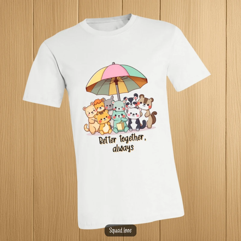 Funny animal friends t-shirt, a diverse group of happy animals sharing a large, colorful umbrella.