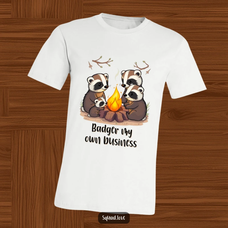 Funny t-shirt featuring a badger family cozily gathered around a campfire, symbolizing togetherness and outdoor enjoyment.