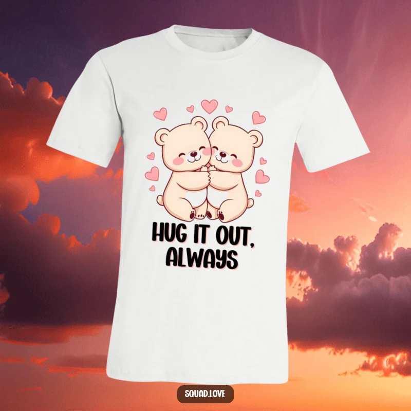 Funny t-shirt with two cheerful bears hugging closely, enveloped by a shower of hearts, celebrating love and connection.